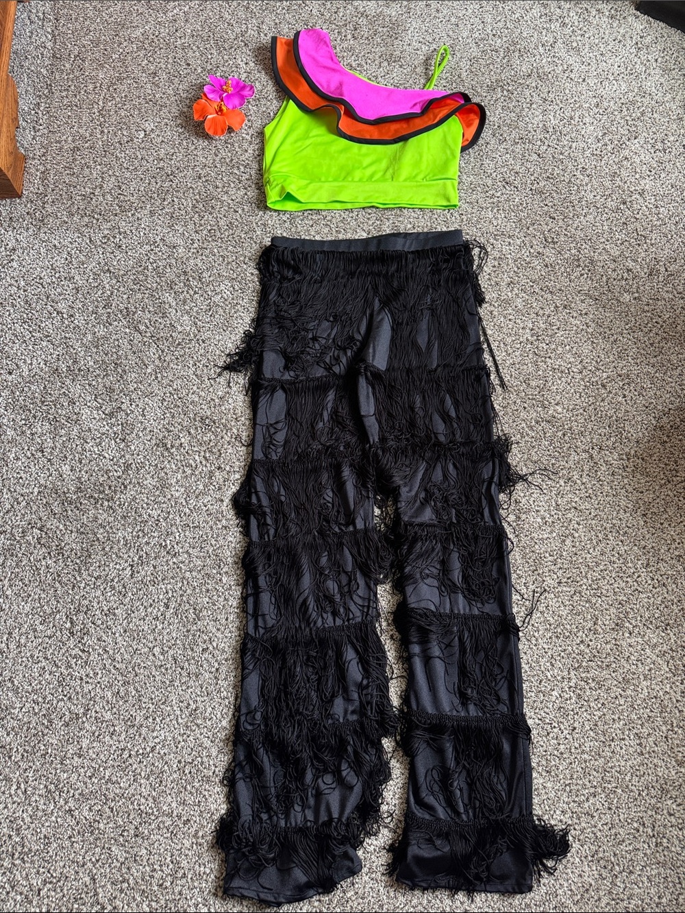 Green, pink, and orange One-Shoulder Costume Top with Black Fringe Pants- Miami